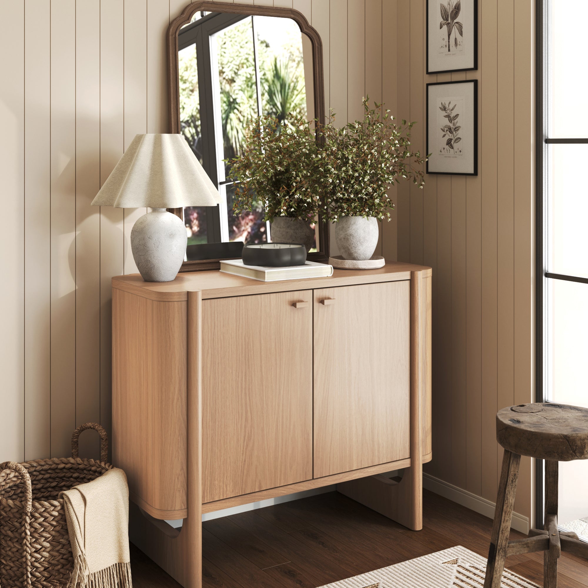 Mid-Century Modern Solid Wood Accent Cabinet Raw Oak