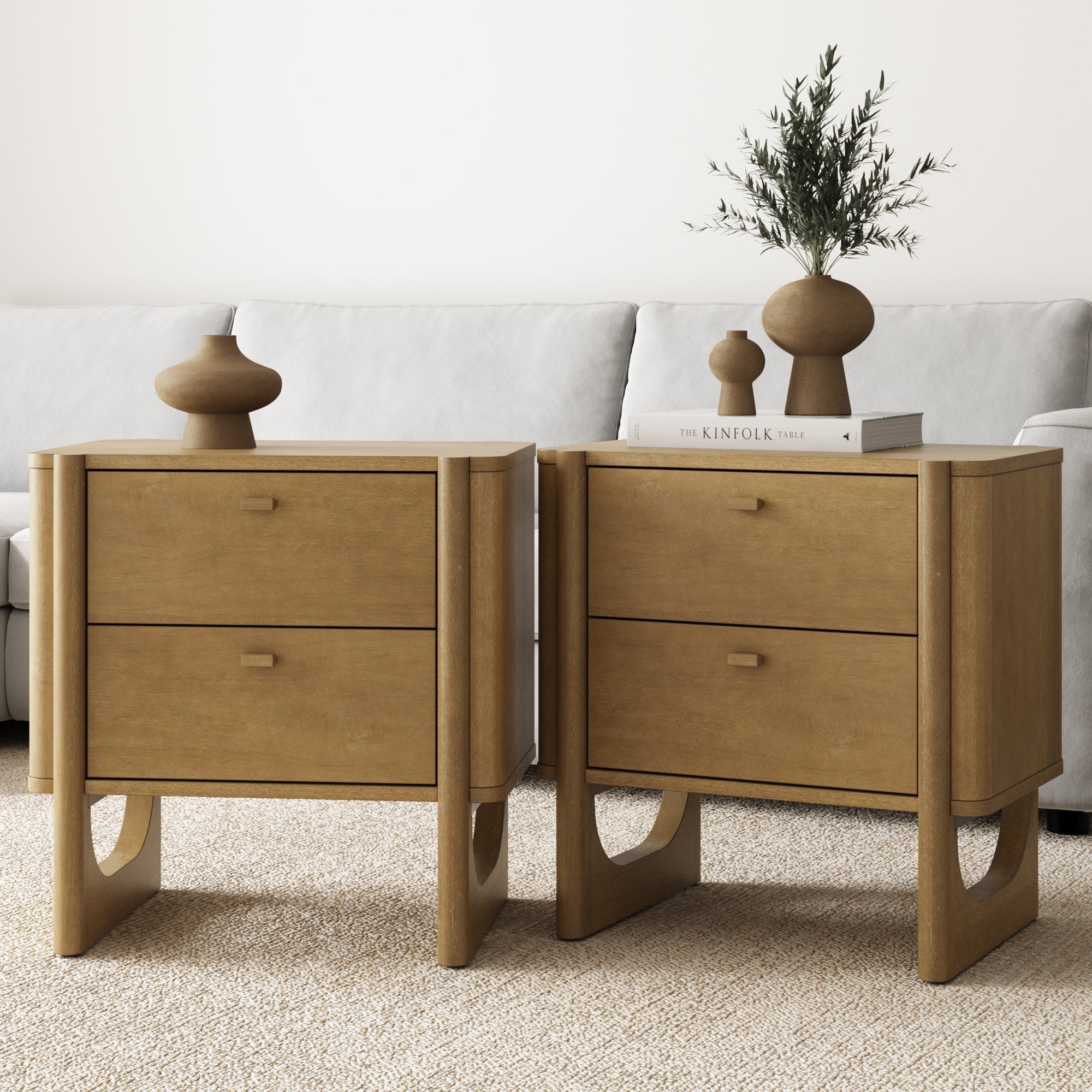 Mid Century Modern 2-Drawer Solid Wood Nightstand Light Brown (Set of 2)