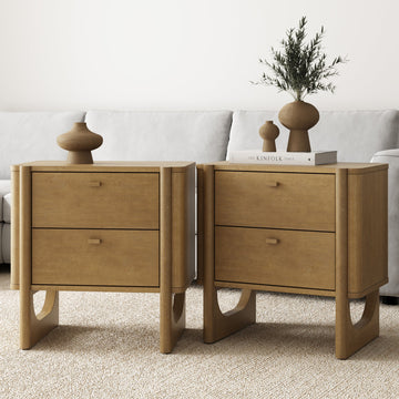 Mid Century Modern 2-Drawer Solid Wood Nightstand Light Brown (Set of 2)