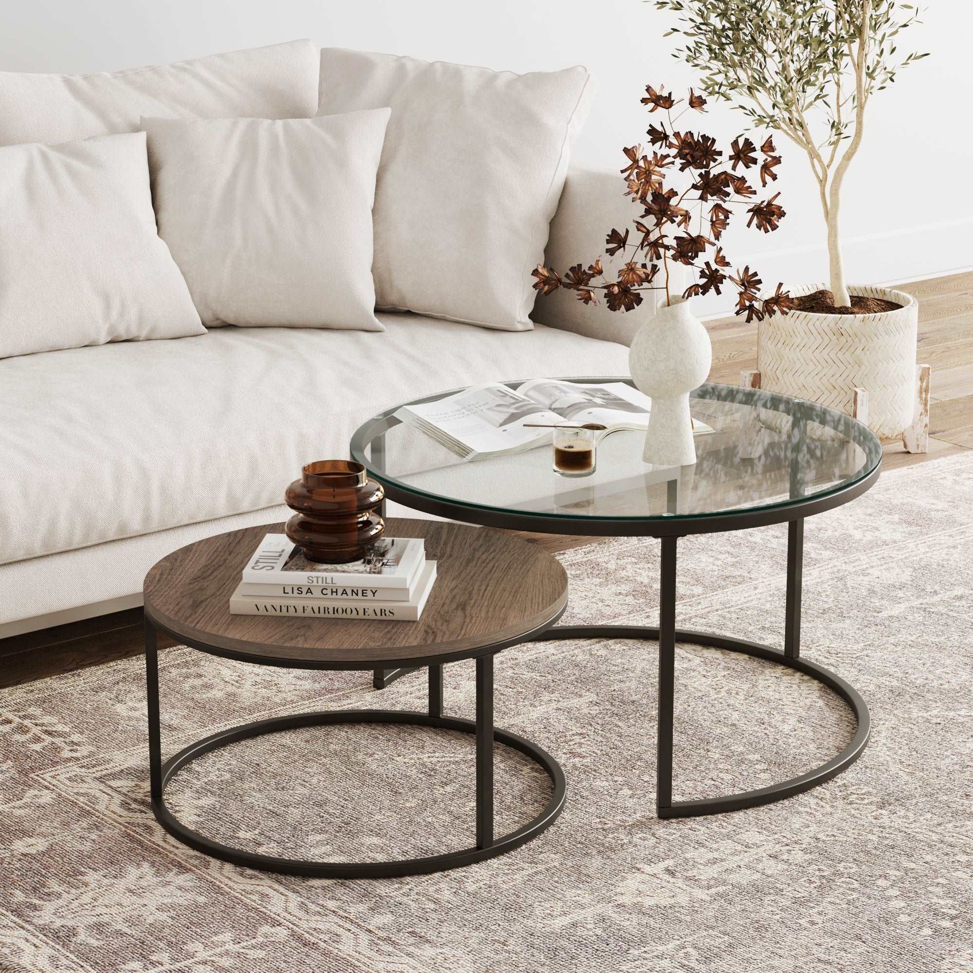 Round Glass Nesting Coffee Table Reclaimed Oak