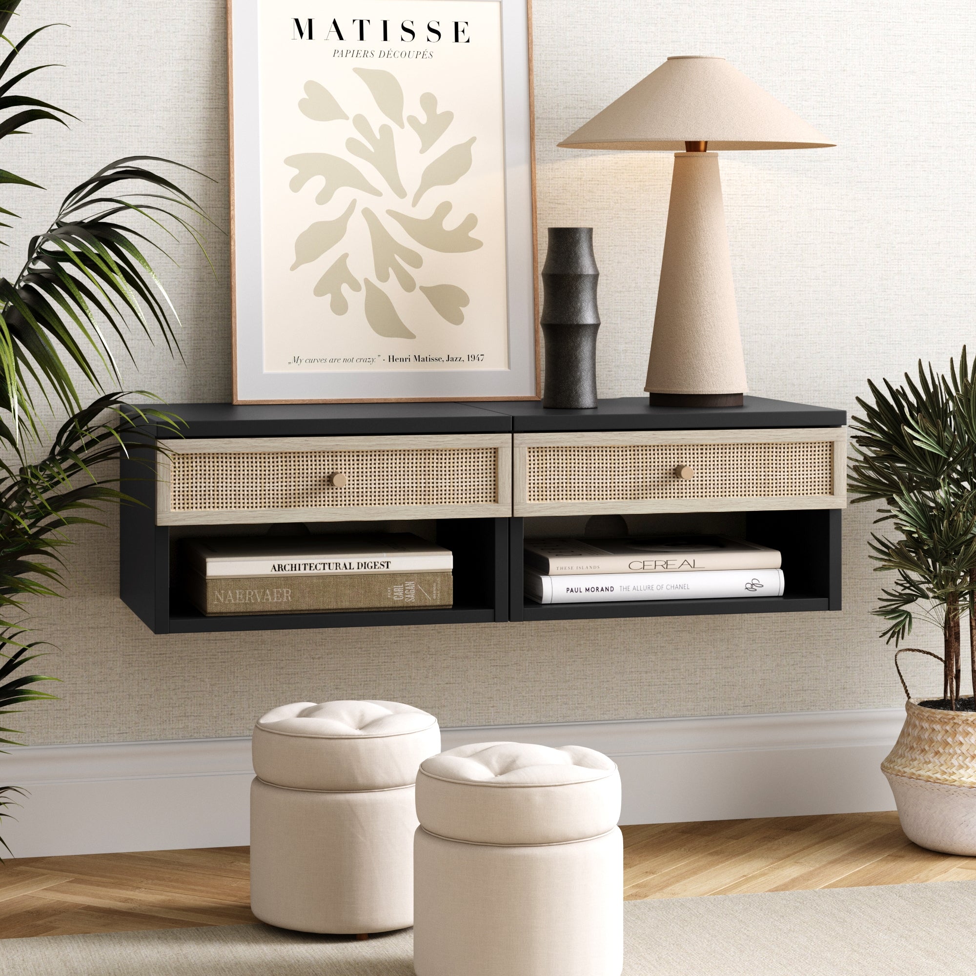 Rattan Floating Nightstands Black (Set of 2)