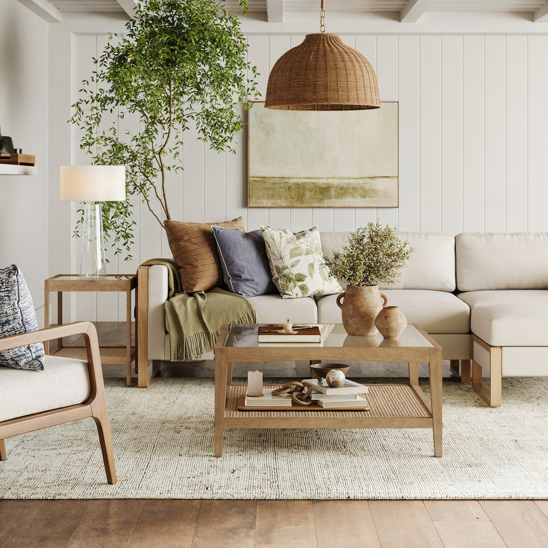 Square Glass & Rattan Coffee Table with Solid Wood Legs