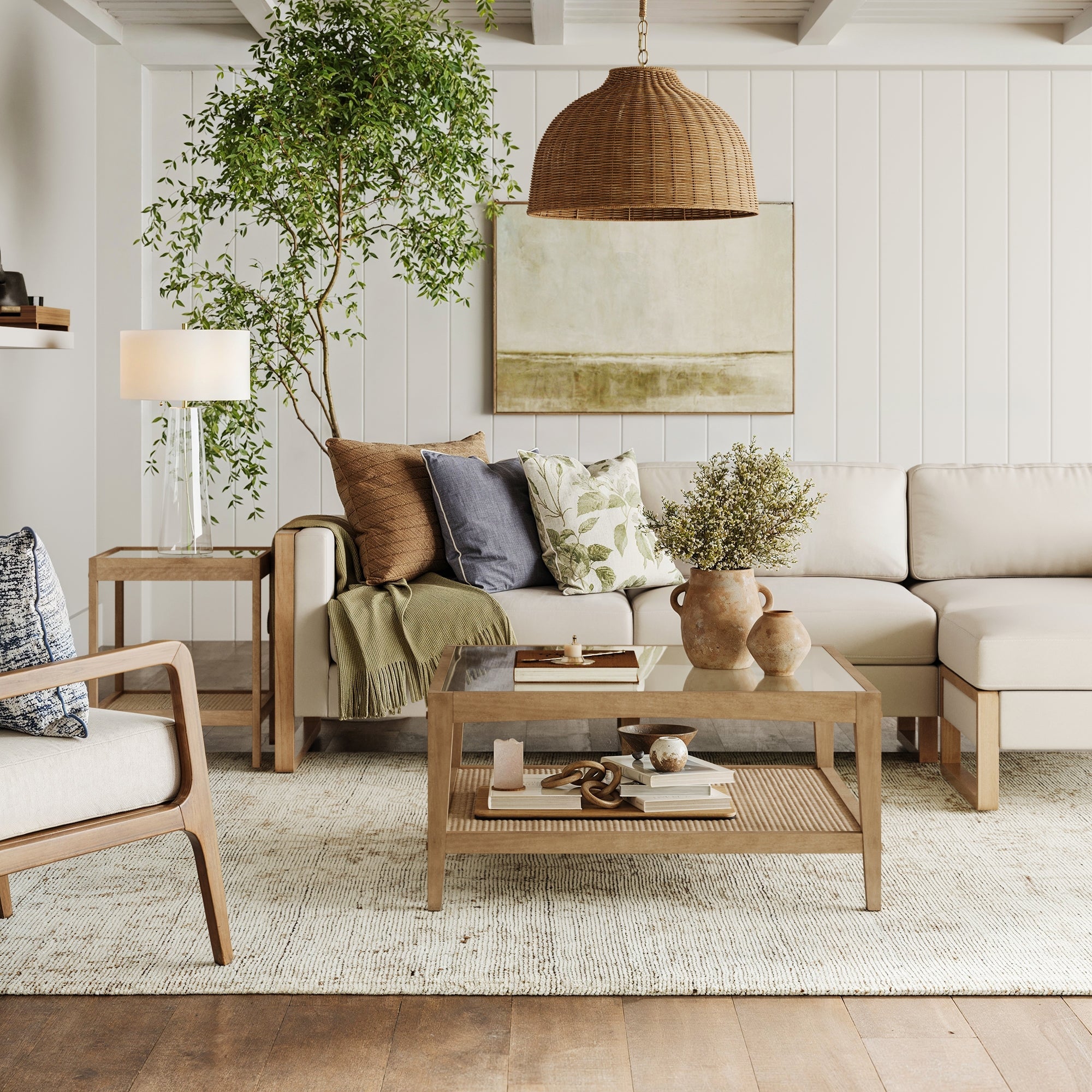 Square Glass & Rattan Coffee Table with Solid Wood Legs