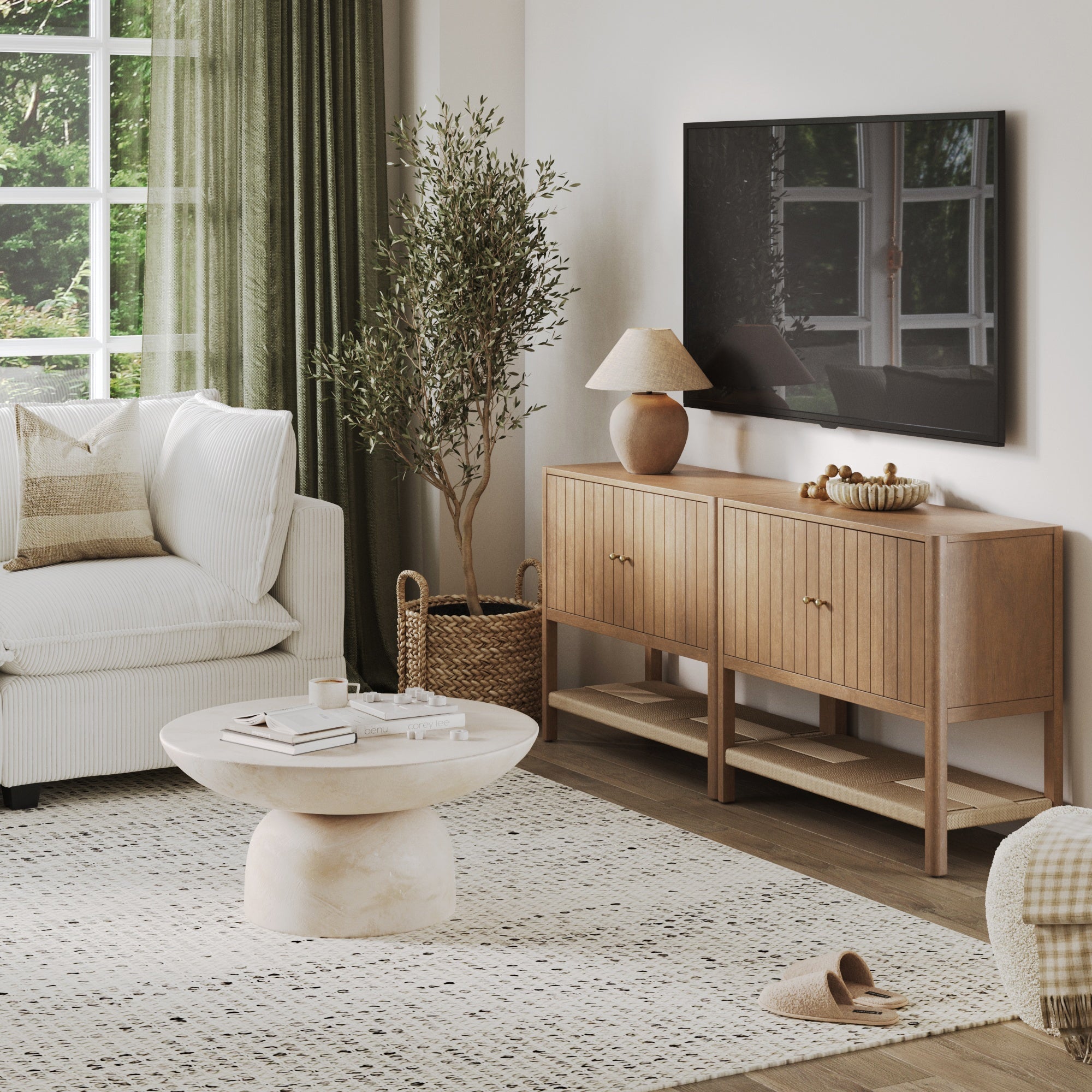 Grooved Door TV Stand or Storage Cabinet Light Brown (Set of 2)