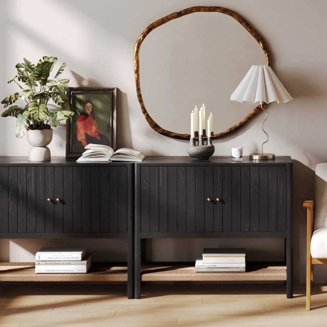 Mid-Century Grooved Door Storage Cabinet Black Oak