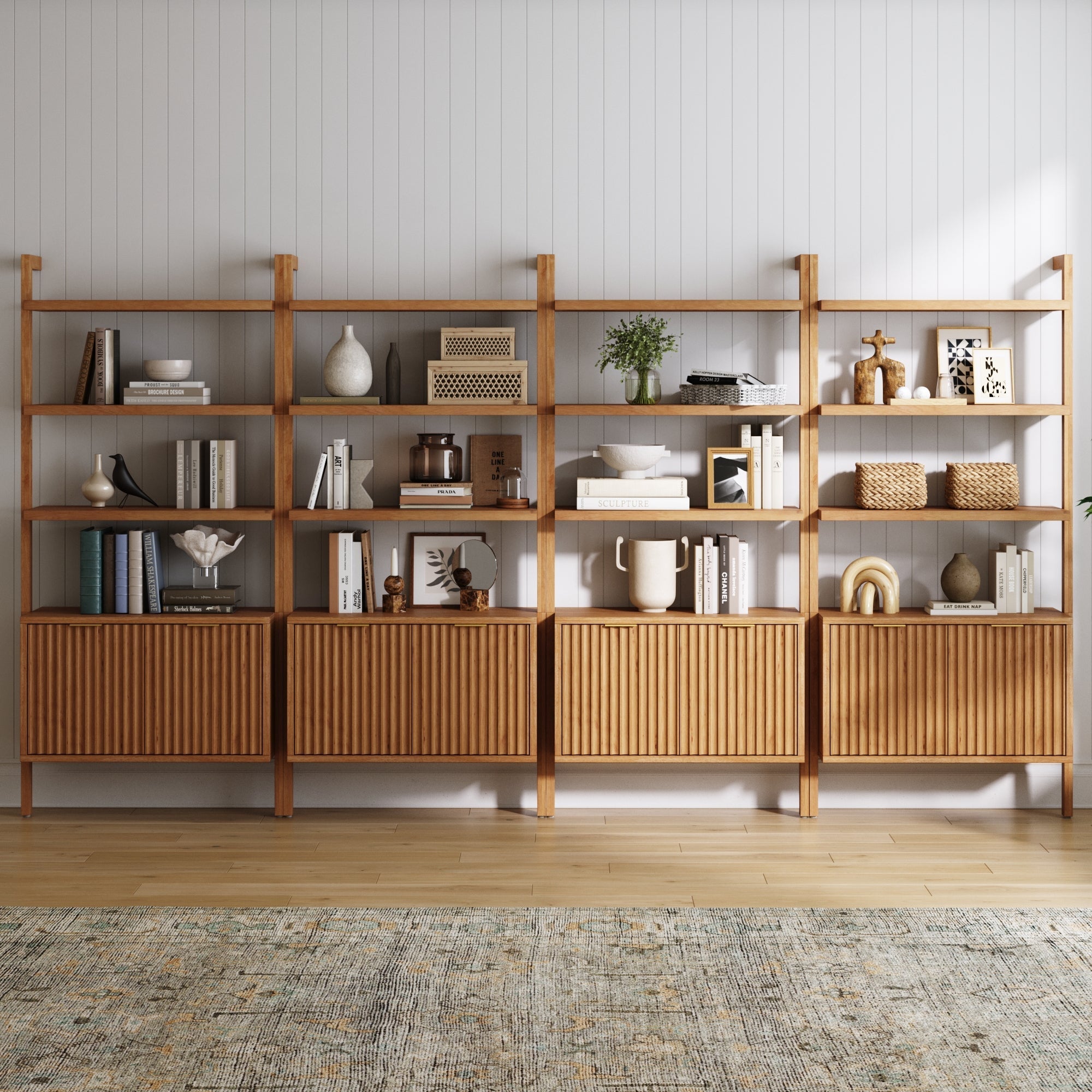 Mid-Century Fluted Wall Bookshelves with Doors Warm Pine (Set of 4)