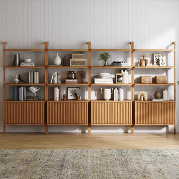 Mid-Century Fluted Wall Bookshelves with Doors Warm Pine (Set of 4)