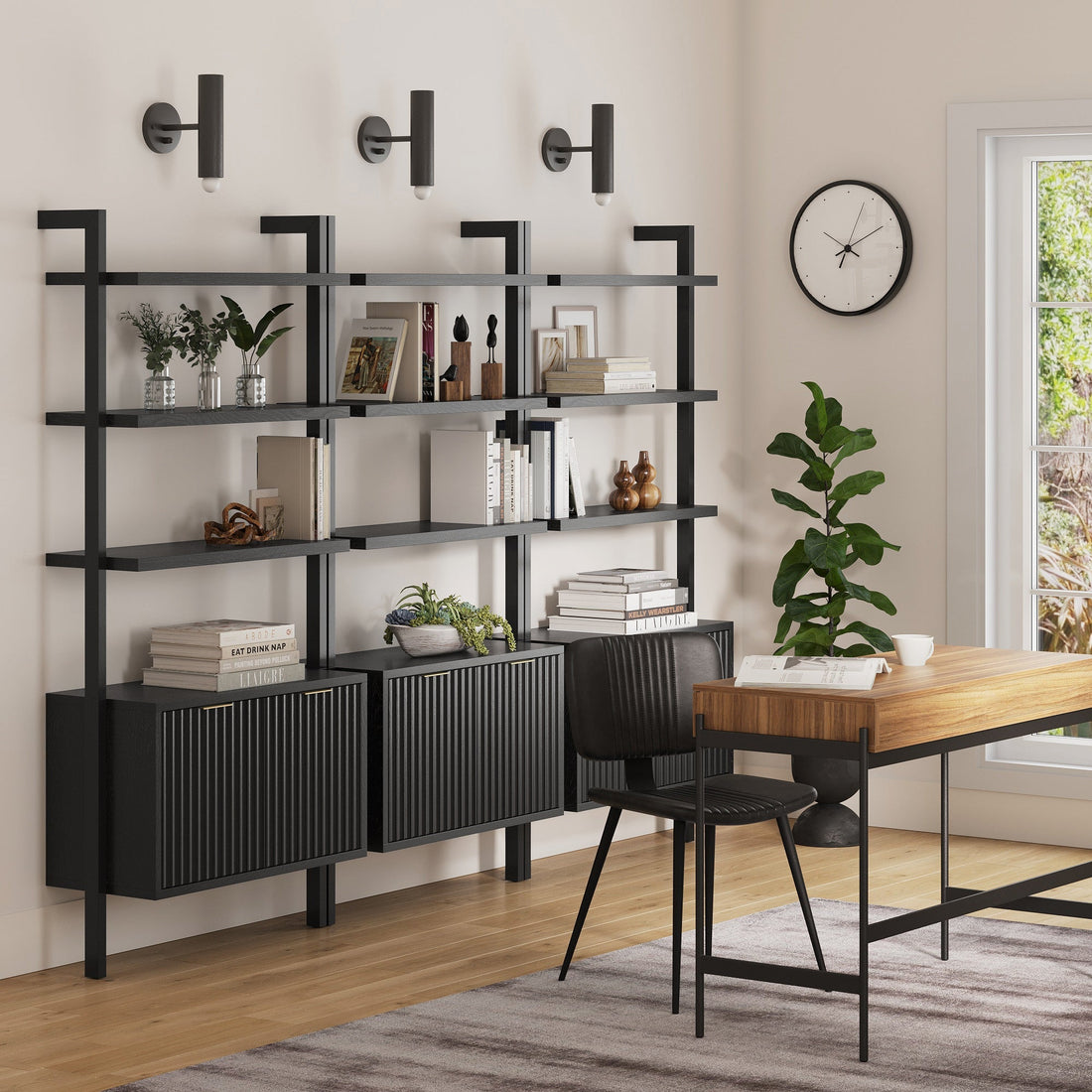 Mid-Century Fluted Wall Bookshelves with Doors Black (Set of 3)