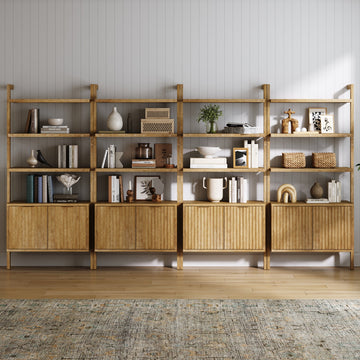 Mid-Century Fluted Wall Bookshelves with Doors Light Brown (Set of 4)
