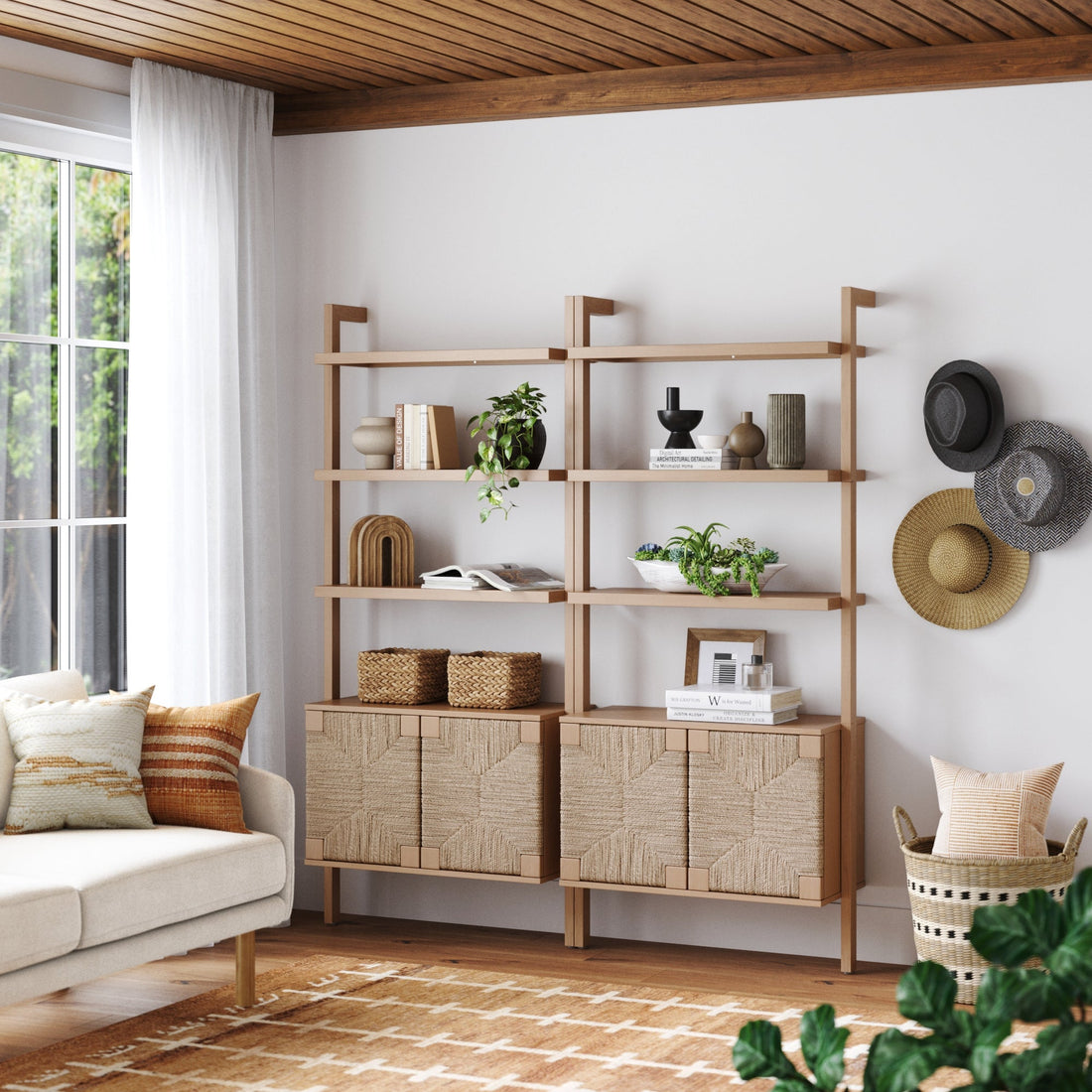 Seagrass Wall Bookshelf with Doors Raw Oak (Set of 2)