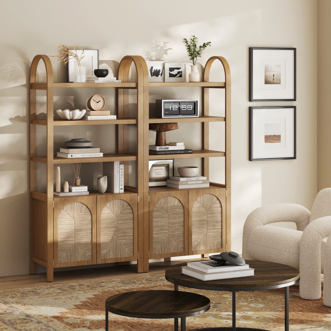 Boho Seagrass Arched Bookshelf Light Brown (Set of 2)