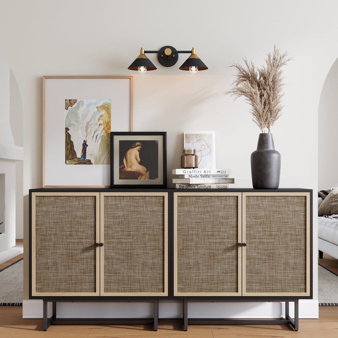 Rattan TV Console Credenza Black (Set of 2)