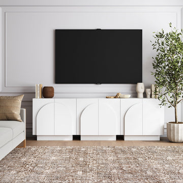 Wood Mid-Century Arched TV Console Credenza White (3 Cabinets)