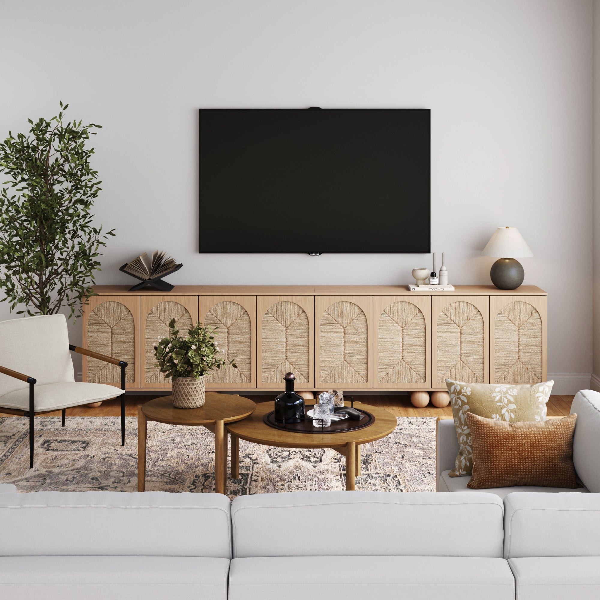 Large Seagrass Arched TV Console Credenza Raw Oak (Set of 4)